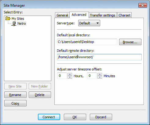 Filezilla - Site Manager "Advanced" Tab