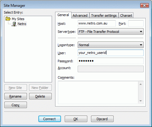 Filezilla - Site Manager "General" Tab