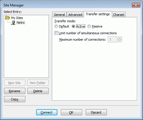 Filezilla - Site Manager "General" Tab