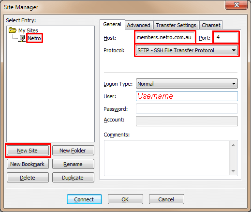 Filezilla - Site Manager "General" Tab